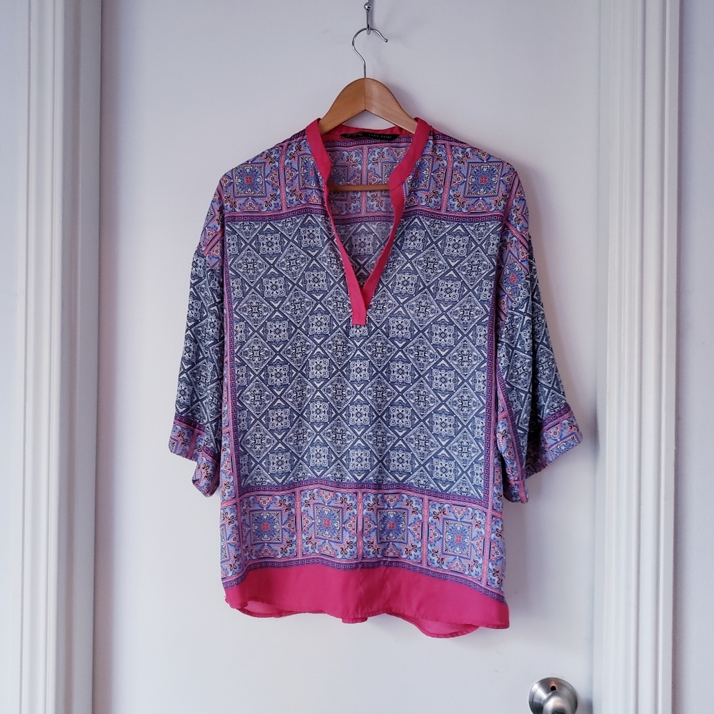 Zara Basic Paisley split neck oversized Top Sz S